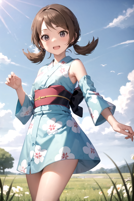 masterpiece, best quality, <lora:LyraSummerV2:0.7>, lyra \(pokemon\), blue kimono, red obi, detached sleeves, :d, outdoors, field, summer, cowboy shot, floral print,