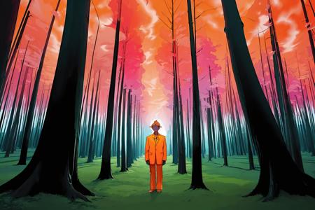 A surrealistic fusion of Reuben Wu's ethereal landscapes with Nick Knight's hyper-realistic models. A Synthetic forest of barcode trees, where creatures with Taro Okamoto's biomechanical limbs frolic and play. The sun sets in vibrant, electric hues, casting long, synthetic shadows that distort the Sharp Focus images of the models. In the distance, a satellite hovers, projecting old school designs onto the landscape, OverallDetail