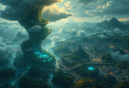 A digital illustration depicting "Hydro-Symbiotic City" a sprawling future metropolis seamlessly integrated with nature. At the heart of the scene, a colossal cloud-harvesting tower, crafted from bioluminescent fungal and algae-based structures, dominates the landscape, its spiraling form intertwined with cascading sponge gardens and misty cloud cathedrals. Rivers flow through the city’s amphibious districts, illuminated by ethereal blue highlights, while faint vapor trails connect the cityscape to a distant, lush Amazonian rainforest, all rendered in layered topography and organic forms. The scene evokes deep ecology and afrofuturism, bathed in a soft, earthy glow, reminiscent of Design Earth and Donna Haraway’s Chthulucene, 8K, steampunk, solarpunk