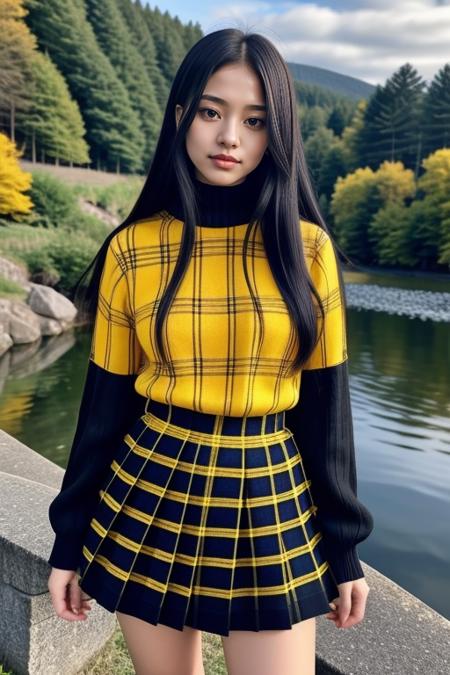 1 woman, 22yo, realistic, masterpiece, high detailed skin, looking at viewer, full body shot, scenic view, long hair, black hair
yellow plaid pleated miniskirt, yellow turtle neck sweater <lora:Yellow_Sweater_Skirt_By_Stable_Yogi:1>