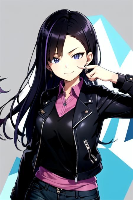 <lora:MinamiKurose-03:0.8>, minamikurose, looking at viewer, smile, blue eyes, shirt, long sleeves, jewelry, jacket, purple hair, earrings, collared shirt, pants, arm up, black jacket, zipper, green pants