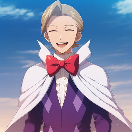 1boy, blonde hair, blue eyes, white cape, red bowtie, center frills, white gloves, purple shirt, long sleeves, 