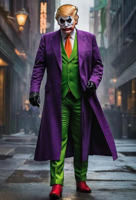 Generate a satirical and cinematic image depicting Donald Trump in a Joker's costume within the stylized world of a Batman film. Envision Trump adorned in an intricately detailed Joker outfit, complete with the iconic purple suit, green hair, and the Joker's characteristic makeup,(Masterpiece:1.3) (best quality:1.2) (high quality:1.1)