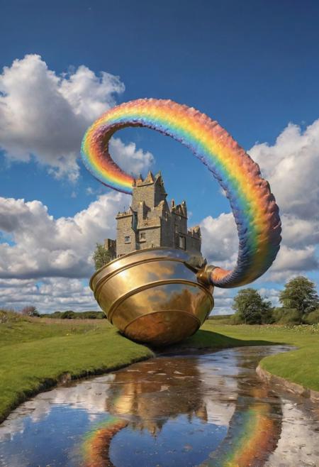 otclillsn, an ancient weathered stone spiral slide down from the irish gold-Clouds into a Pot of gold, Capture the whimsical moment of a kobold gracefully sliding down a gigantic rainbow-colored slide from the clouds into a pot brimming with gold. crazy geometrical unbelievable Illusion, blue Clouds Sky, very detailed, Castle at top of clouds,