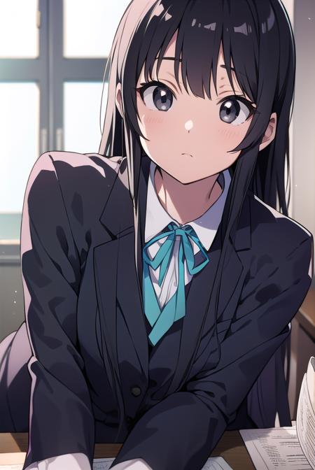 mioakiyama, <lyco:mioakiyama-LYCORIStest:1>,
mio akiyama, (black eyes:1.5), black hair, long hair,
BREAK sakuragaoka high school uniform, school uniform, uniform,
BREAK looking at viewer,
BREAK indoors, classroom,
BREAK <lora:GoodHands-vanilla:1>, (masterpiece:1.2), best quality, high resolution, unity 8k wallpaper, (illustration:0.8), (beautiful detailed eyes:1.6), extremely detailed face, perfect lighting, extremely detailed CG, (perfect hands, perfect anatomy),