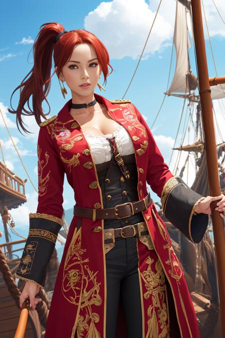 an attractive female pirate captain with a (tffthairv07phto) (windswept ponytail) wearing a (huge full length intricately detailed embroidered red canvas pirate coat:1.2) (on a sinking pirate ship:1.3), masterpiece, best quality, belts, straps, choker, large earrings, baggy canvas pants, intricately detailed, ultra high resolution, (hands in pockets), deck, railing