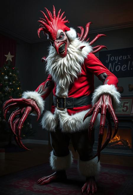 Demonic-looking santa lookalike with long reverse-jointed limbs like a chicken, claws dripping in blood, spiky bloody tentacles coming from his back, long pointy teeth, standing menacingly in a dark living room with a christmas tree, there is as message on the wall that reads "Joyeux Noel!"