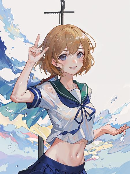 oboro \(kancolle\), 1girl, solo, skirt, school uniform, serafuku, blue skirt, pleated skirt, white background, sailor collar, simple background, navel, looking at viewer, blue sailor collar, cowboy shot, smile, midriff, short sleeves, shirt, midriff peek, white shirt, original, intricate detail, illustration, masterpiece, extremely detailed CG unity 8k wallpaper, highlight, sharpening, dynamic,  <lora:Oboro:0.5>