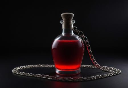 ((Medieval fantasy setting)), score_9, score_8_up, score_7_up,
Dark fantasy potion, glowing red liquid in a small glass bottle, covered in silver chains.