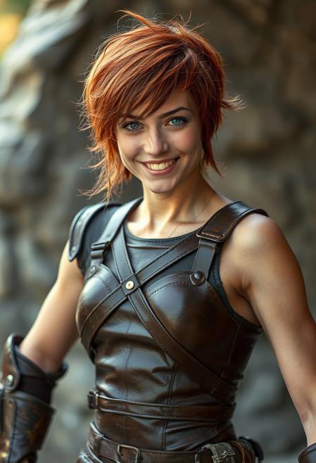 A high quality photo of a young lithe tomboyish woman with short messy red hair and grey eyes.
She is wearing strappy brown leather armor.
Her stance is dynamic as if ready for a fight. She has a wide grin on her face.
