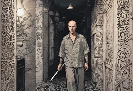 dark alley, short a middle-aged european man, shaved bald, dressed in a patterned shirt with a large neckline and wide sleeves, black trousers and soft shoes with curved toes. small knife in hand, holding knife. A thick black tattoos - an interweaving of runes and symbols – covered his entire body, except for his face. black runic tattoos, thick shadows, smoke, mist, sunset, dim light