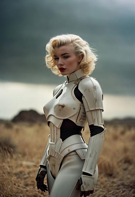 subtle grain, cinematic quality, Marylin Monroe wearing a Storm Trooper armor from Star Wars, in the style of Star Wars