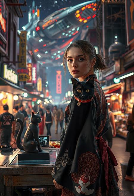 Setting is a futuristic cyberpunk street market at night, the market is comprised of street vendors selling robot parts, food, weapons, and robots. People wearing futuristic cyberpunk clothing are walking through the street market shopping and eating, A sleek black cat with red collar sits on a cluttered metal riveted desk with transparent top and micro-LED lighted computer components visible inside, On the desk is an ebony and gold maneki neko statue and futuristic art deco lighting, (((a beautiful woman, 24 years old, is standing in the foreground FACING THE VIEWER, she has an expression of interested curiosity)))))), the sleek black cat with red collar is sitting on the desk and watching the people walking by in the busy street market, the woman is dressed in futuristic cyberpunk ECLECTIC style yukata with a low neck line alluring aesthetic. An enormous art deco inspired starship with futuristic lighting and an enormous space station are visible in the background among the stars, The woman's hair is elegantly tied up with a ribbon. Artistic cyberpunk, dynamic perspective, (((overall architectural aesthetic is Art Deco Cyberpunk))).  Epic image that elicits a feeling of wonder and awe, (((((CLASSICALLY STYLIZED LIGHTING AND ARCHITECTURE FROM CHINA INDIA JAPAN FRANCE EGYPT ROME AND GREECE))))),