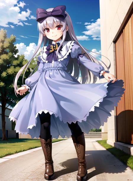 1girl,masterclass,best quality, illustration, full_body,31tanDefault, black_pantyhose,  petite, bow, bowtie, hair_bow, juliet_sleeves,  lolita_fashion, long_sleeves,  puffy_sleeves, purple_bow, purple_dress,    brooch, numbered, purple_bowtie, frilled_dress, smile,blunt_bangs,hime_cut, outdoors,  standing, cross-laced_footwear,brown_footwear, knee_boots,  <lora:31tanD8V1_e6:1>