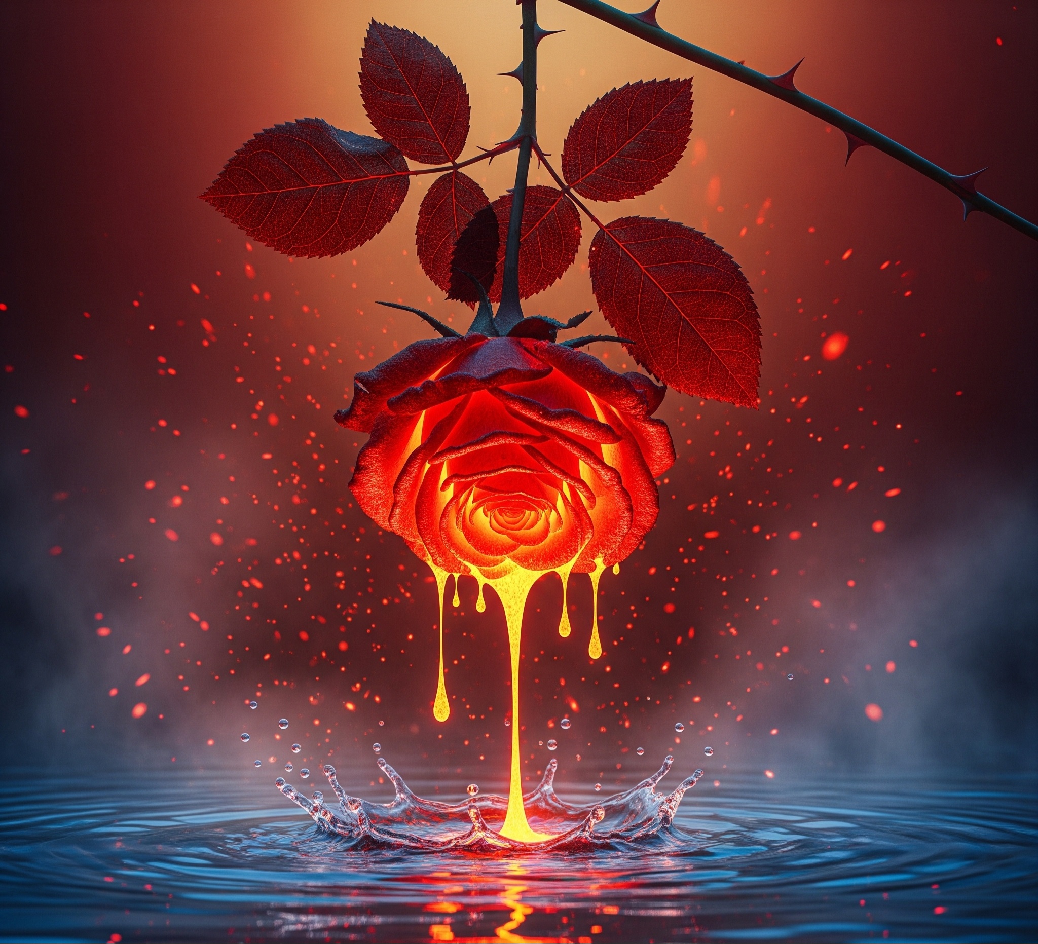 A red rose with thorny stem and serrated leaves suspended upside down above water, with bright yellow-orange liquid dripping golden droplets that fall into the misty water below and generate a crown-like splash pattern. The background features a gradient from warm orange-red at the top to darker red tones at the bottom, with numerous small glowing particles scattered throughout the scene. 