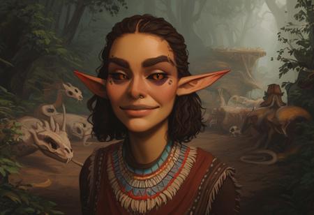 group, feminine, bosmer woman, fit body, tribal masks, random face, colorful skin, pale yellow skin, strong jawline, angular facial features, asymmetrical features, wide nose, fur mantle, rough leather clothes, female, archer's physique, joking demeanor, slightly pointed ears, pinned back ears, long face, very short ears, curved ears, scalloped ears, short ears, firbolg nose, uncanny features, snake nose, reptilian nose, realistic, long face, bosmer, alien, elongated head, flat nasal ridge, elongated skull, bony nose, slit nostrils, aquiline features, medium body hair, dunmer, creature, bony dermal ridges, rough complexion, body tattoos, native american tattoos, medium breasts, natural breasts, shapely figure, chiseled features, athletic build, weathered skin, large nose, animated realism, zoomed out, Inuit features, sage colored skin, pale skin, copper and jade clothes, dark orange sclera, saurian pupils, horizontal pupils, cuttlefish eyes, narrow eyes, dark red pupils, very slanted eyes, squinted eyes, double lidded eyes, eye membrane, slanted brows, bony brows, highly detailed, defined features, looking at viewer, from side, full body, zoomed out, dynamic lighting, 29 years old, light and shadows, jovial expression, expressive eyes, smiling, laughing, Native American pattern leather clothes, medium hair, elegant hairstyle, tribal hair, wavy hair, thick hair, braided hair, wild cut hair, semirealistic, alien elf, mongolian features, slavic features, aztec features, vibrant hair, colorful hair, sharp features, high detail, absurdres, intense eyes, detailed eyes, dark orange eyes, paleolithic clothes, Crowded village, dense redwood forest, intricate fur tents, bone furniture, masterpiece, Vilontrebramb, tree, outdoors, scenery, tree houses, elegant architecture