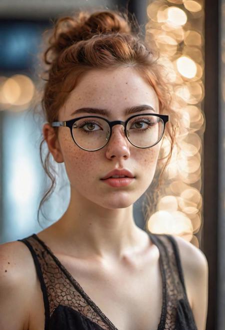 professional portrait, a girl wearing eye glasses and an black  sheer top, gorgeous figure, interesting shapes, hyper realistic, ultra detailed photograph, detailed gorgeous face, natural body posture, sensual, captured with a 85mm lens,  bokeh, ultra detailed, ultra accurate detailed, bokeh lighting, surrealism, indoor setting, ultra unreal engine, intricate, epic, freckles, punk style, life-size figures,