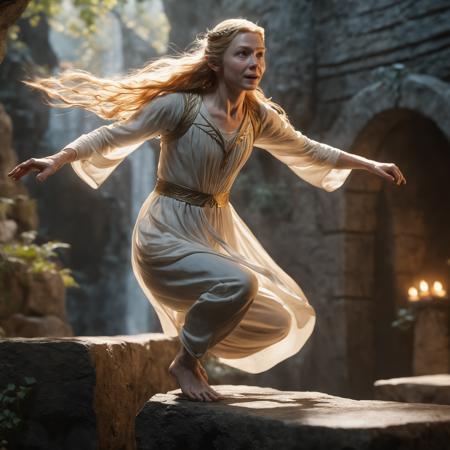 award winning action shot, galadriel doing parkour, rim lighting, volumetric, 8k resolution, trending on art station