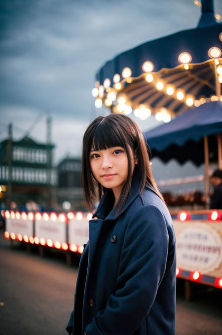 A full color portrait of a  20 year old cute japanese woman,wearing  a navy blue coat, bustling county fair, watching shows, dark hair, epic character composition,by ilya kuvshinov, alessio albi, nina masic,sharp focus, subsurface scattering, f2, 35mm, film grain <lora:uehara:1>