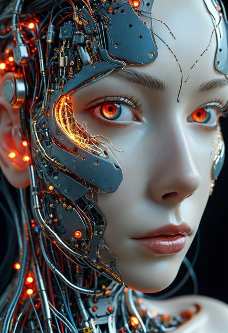 Wired cyborg, biomechanical depiction: A high-quality photograph showcases a woman's face, divided in two halves. The left half is a mechanical construct, resembling a futuristic cyborg or android with elaborate circuitry and wiring visible beneath her skin. This mechanical side features a dark metallic color, glowing red circuitry, and numerous miniature, glowing red lights, creating a mysterious and otherworldly look. In contrast, the right half of her face appears human, with a pale complexion that conveys a sci-fi horror aesthetic.