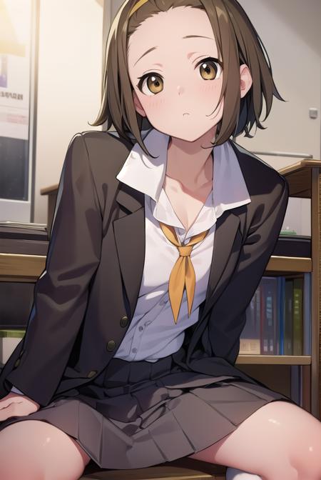 ritsutainaka, <lora:ritsutainakatest:1>, ritsu tainaka, (brown eyes:1.7), light brown hair, (forehead:1.5), hairband, short hair, (flat chest:1.2), BREAK sakuragaoka high school uniform, school uniform, BREAK looking at viewer, BREAK indoors, classroom, BREAK <lora:GoodHands-vanilla:1>, (masterpiece:1.2), best quality, high resolution, unity 8k wallpaper, (illustration:0.8), (beautiful detailed eyes:1.6), extremely detailed face, perfect lighting, extremely detailed CG, (perfect hands, perfect anatomy),