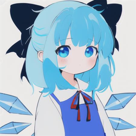 1girl, solo, Cirno, azhiichigo style, focus on face, white background, <lora:AZHIICHIGO_V1-10:0.8>, big eyes, thick lines, cute