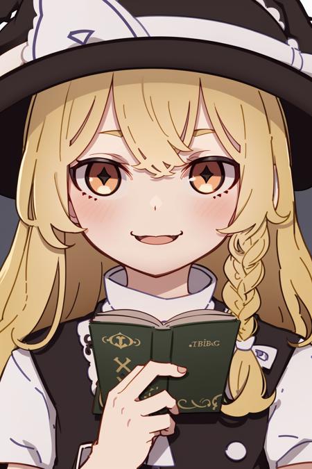 1girl, km, (kirisame marisa:1.2), (close-up, intricately detailed face and eyes, face focus, portrait, smile:1.1), (in library:1.2), (garish clothes:1.1), D&D, medieval fantasy, (beautiful detailed library:1.2), (intricately detailed background:1.1), splash art