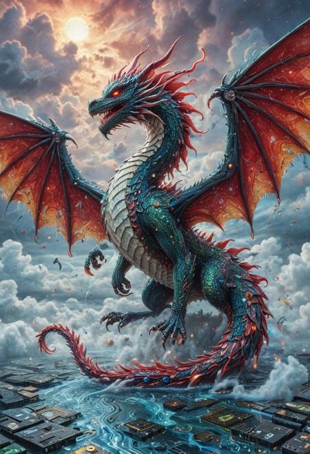 , celestial marble dragon in pcb_style flying through liquid sky, clouds melting into ribbons of color, fluid scales shimmering with white and red hues, glowing eyes, dynamic wings of flowing liquid, painterly lighting, vast fantasy environment, surreal atmosphere, highly detailed, magical realism