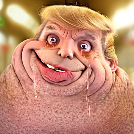 RAW photo, huge chins, small eyes , solo, upper body of donald trump in f0r3v3r face, ((tears, wearing suit))<lora:f0r3v3r-v2-000055:1>, 8k uhd, dslr, high quality, film grain, Fujifilm XT3, simple background