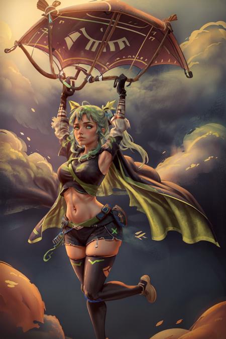 Highly detailed, High Quality, Masterpiece, beautiful, Paragliding, <lora:Paragliding:0.8>, 1girl, solo, arms up, flying, in the air, holding, holding with both hands, sideview, xbox-chan, ponytail, green hair ribbon, clothing cutout, stomach cutout, cape, thighhighs, gloves, <lora:Char_Meme_Xboxchan:0.8>, wide shot, (detailed face and eyes:1.3)