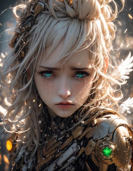 (dramatic, gritty, intense:1.6),masterpiece, best quality, 32k uhd, insane details, intricate details, hyperdetailed, hyper quality, high detail, ultra detailed, Masterpiece, (blue eyes:1.3)
An angel-faced female robot, Have tears in one's eyes, wailcryChinese punk, in the style of meticulous realism, 32k uhd, high quality photo, light amber and emerald
<lora:~Q?-Tlg:ZCrying machine:0.9>