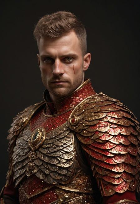 winged hussars, ornate brass stylized wings on back of man, 2 large hussar wings behind back, undercuthaircut, Photorealistic oil painting of (Handsome:1.1) (Polish) (Irish) (Slavic) (bright sapphire eyes) (half-dragon warrior-prince:1.2) with (intricate metallic red brass scales seamlessly melded into arm and neck:0.9), 18-year-old, (darkblonde undercut short hair:1.1), (medieval fantasy clothing:1.2), grimdark fantasy, (medieval) fantasy, high fantasy, epic fantasy, (upper body:1.3) (medium shot:1.3) taken with (fujifilm xt3:1.1), film grain, dark style, raking light dramatic hard shadows, (dramatic lighting:0.9), material contrast, cinematic composition, intricate details, masterpiece, visually stunning, evocative, vivid deep hues, brass, red Crystal, (body transformation:1.2), <dhevv:ds-style:rsd1.5>, realistic eyes, scaleborn, scales, undercut, royal, red armor, symmetrical armor, large nose, wide nose, wide nosebridge, tallnose, dour expression, full beard,
