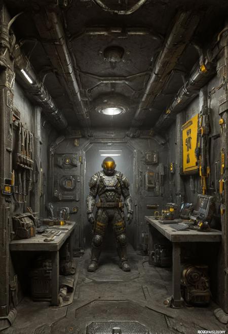 underground base of hero working station office with equipment repair tool armor suit and weapon vehicle, 
crafting cursed sword,  scifi, horror, doom,
brown theme, yellow theme, gray theme, blue theme,
post apocalyptic, fallout style, bunker, shelter