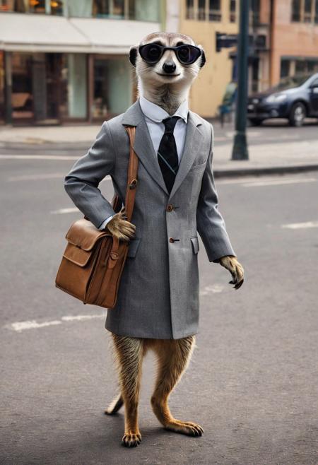 Wes Anderson style, photo of anthropomorphic meerkat dressed as a businessman going to work on Monday morning