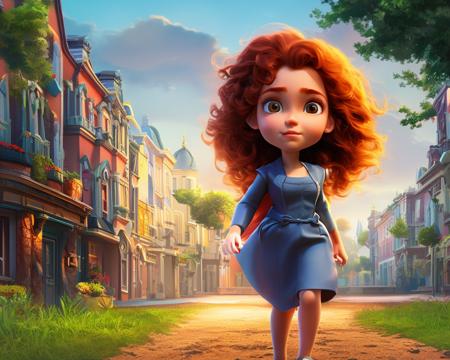 girl with curly hair cycling through the morning streets of a small town, cartoonish_doll