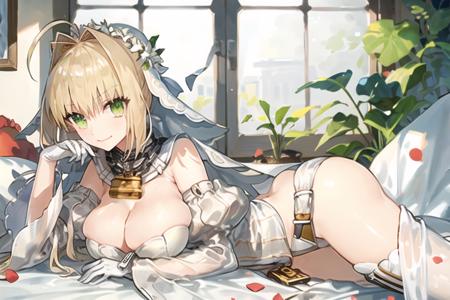 nero claudius \(bride\) \(fate\), nero claudius \(bride\) \(third ascension\) \(fate\), nero claudius \(fate\), 1girl, ahoge, ass, belt, between breasts, blonde hair, blurry, breast press, breasts, chain, cleavage, depth of field, detached sleeves, dress, gloves, green eyes, hair between eyes, head wreath, heart, heart print, holding, large breasts, leaf, lock, long hair, looking at viewer, lying, mouth hold, on side, padlock, panties, petals, puffy sleeves, see-through, smile, solo, thighhighs, underwear, veil, white dress, white gloves, white panties, white sleeves, white thighhighs, wide sleeves, window, hair intakes, bangs, leotard, zipper, bare shoulders, bridal veil, closed mouth, detached collar, indoors, white leotard, long sleeves, <lora:nero_bride_lycoris-000016:0.7>,  <lora:wadaFateLocon_v1:0.65>