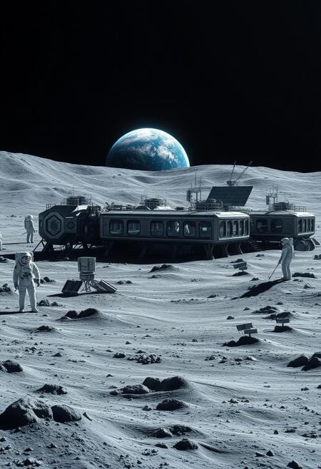 Ultra realism, high quality, high resolution 8K and above, stable and accurate focus, ultra correct anatomy, super detail. A lunar landscape with a space base located on the surface of the moon. The base is made up of multiple modules connected by tunnels and has large windows from where the Earth can be seen on the horizon. The Earth appears bright and blue in contrast to the gray and dusty surface of the Moon. In the foreground, astronauts in white spacesuits are seen performing scientific research and technical support. Large solar panels and communication antennas are located around the base.
Colors: Gray for the lunar surface, bright blue and white for the Earth, metallic colors for the base and equipment.
Objects: Space base, lunar surface, Earth, astronauts, solar panels, communication antennas.
Atmosphere: High-tech, futuristic, majestic.
Styles: Realistic, Sci-Fi.
Additional items: Moon dust, scientific instruments, space dust and particles, small exploration rovers.