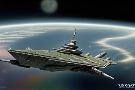 a space pirate battleship among the ruins of an advanced, futuristic city