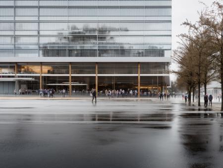 RAW photo, exterior frontal shot, building, straight precise lines, white sky, (diffused light:1), (big reflective glass windows), wood frames, minimalist style, fog, (warm interior light:1), (open plaza full of people) <lora:MIR-v3:0.5> <lora:BRUTH3R:0.5> architecture photography, hyper realistic, super detailed, 8k, Nikon Z6 Mirrorless Camera, film grain