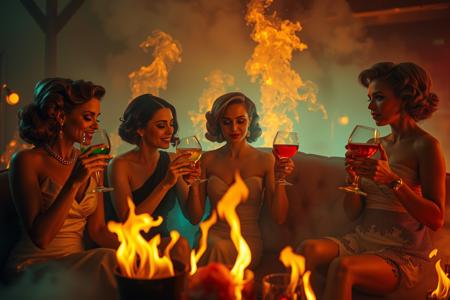 Amidst glowing orange flames, glamorous housewives in elegant attire sip colorful cocktails. The smoky backdrop contrasts with vivid, shimmering hues, capturing a surreal blend of luxury and disaster in a dramatic, cinematic style.