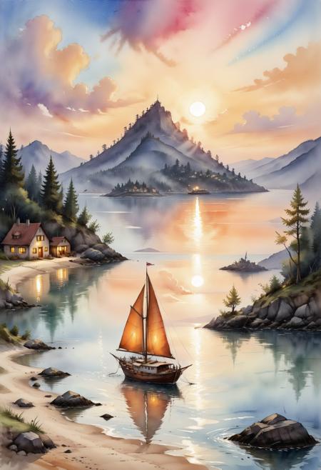 Tilt-shift photo of Tilt-shift photo of (watercolor painting:1.3) sunset,high tide,golden sand,calm sea,colored clouds,rays of light break through the clouds,in the reflection of light on the water,a sailing boat is a fish,the sea shimmers with bright colors. vibrant,beautiful,painterly,detailed,textural,artistic,CS-PYS,CS-MNC,lucid,<lora:more_details:1>,handmade2d,optional_styleAI,ultra quality,ultra detailed,intricate details,8k,hdr,rim light,dynamic lighting,golden hour,backlight,shadow,night time,dark shot,Bokeh,tilt-shift,Professional,Sexy fashion style,embraces sensuality and confidence,beauty,allure,reflects a bold and seductive attitude,Fantasy illustration style,transports viewers to imaginative worlds,epic landscape,and heroic adventures,sparks wonder and inspiration,Cartoon watercolor painting style,
