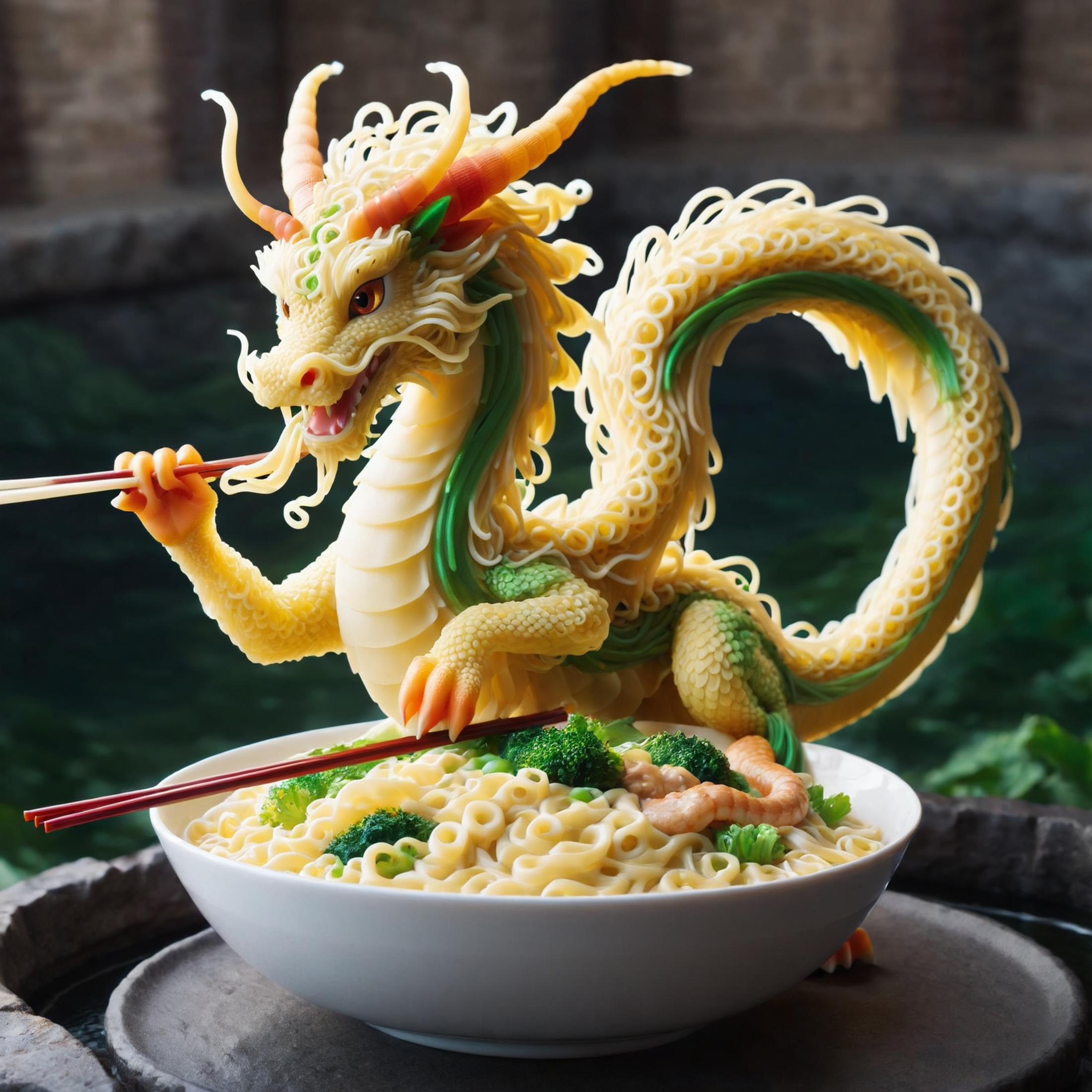 A dragon-shaped noodle dish with broccoli and chopsticks.