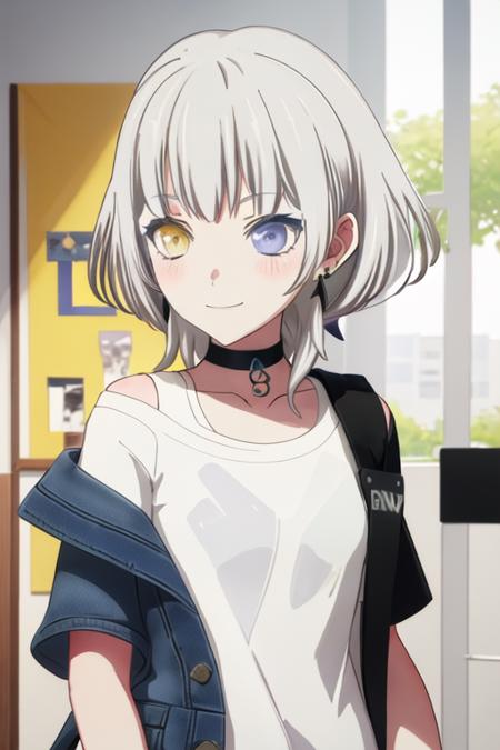 best quality, masterpiece, highres, solo, {kaname_rana_bangdreamitsmygo:1.15}, short_hair, bangs, blush, grey_hair, collarbone, closed_mouth, yellow_eyes, heterochromia, instrument, smile, blue_eyes, 1girl, black_choker, choker, shirt, white_shirt, earrings, jacket, jewelry, upper_body, blue_jacket, short_sleeves, virtual_youtuber, grey_eyes