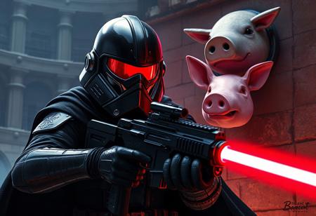 Star Wars bounty hunter, "Golgoil the Steel Seismic Smasher", Colosseum-Cage backdrop, black helmet, red visor, black cape, blaster rifle, dynamic action pose. Pink pig's head mounted on wall. Cinematic, dramatic lighting, Octane Render, Unreal Engine 5 pro, Raphael style, splash ink illustration, CGSociety, trending on ArtstationHQ, golden ratio. 4k, hyperdetailed face, vivid colors, matte painting, impeccable composition, attractive background, balanced editing.