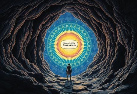 psychedelic vortex ,mandala pattern, in soace , at the mouth of a cave looking out, a cave man, theres a speech bubble from the void that says "step out of the cave adam"