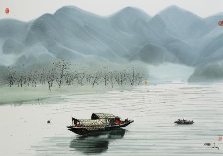 wyy style, A painting about the scenery of springscenery, In the winter scenery, there is a small boat in the river. A person wearing a raincoat is sitting in the boat,wgz_style