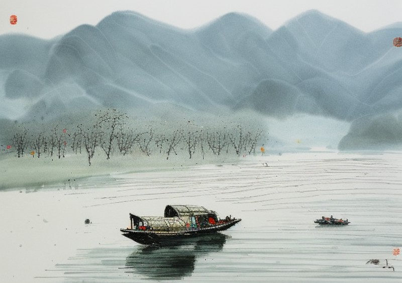 wyy style, A painting about the scenery of springscenery, In the winter scenery, there is a small boat in the river. A per...