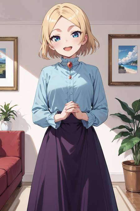 hayasakamama, blonde hair, blue eyes, parted bangs, short hair long sleeves, blue shirt, purple skirt, long skirt, ruby brooch red hat maid, waist apron, black dress, white shirt, white ascot, white apron, vest, blue brooch, long sleeves,  medium breasts, 