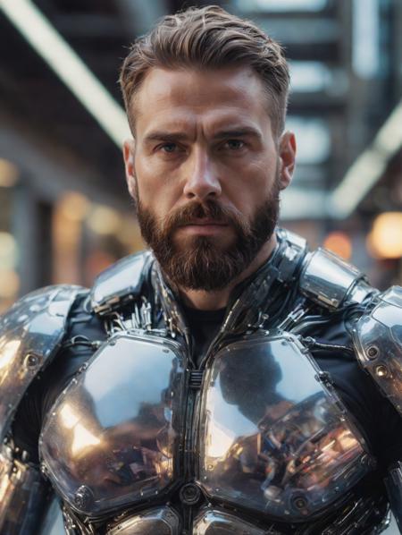 A breathtaking photo of a muscular bearded man adorned in a bulky, translucent plastic mech suit. The suit is composed of flat crystal panels that allow light to disperse as bokeh highlights in the background. Intricate wires and machinery visbile within the suit add to its futuristic allure. The photo, taken by Greg Rutkowski, captures the man in sharp focus, with a soft lighting that enhances his vibrant colors. The composition of the image is a masterpiece, possibly set against the backdrop of bustling streets. Notably, the man's face is intricately detailed, with special attention given to the captivating gaze of his eye, specifically the iris.