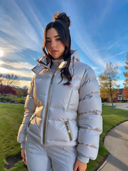 close up, (vanessa),  wearing a XL oversized puffer, cosplay, 4K, HDR, outdoors, sunny,
 <lora:VanessaDogu1:0.88>